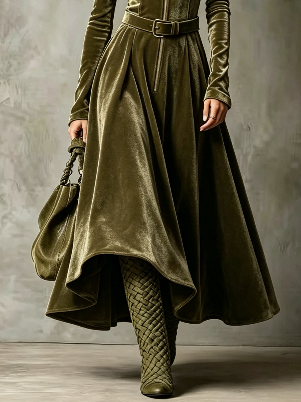 Esmeralda | Vestido Maxi Vintage em Veludo com Fecho e Cinto, Verde-azeitona
