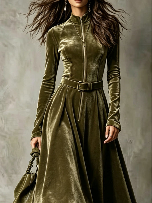 Esmeralda | Vestido Maxi Vintage em Veludo com Fecho e Cinto, Verde-azeitona