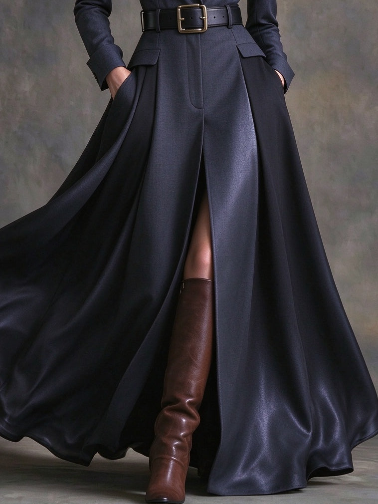 Azzurra | Vestido Maxi com Lapela Estilo Western e Cinto, Azul-marinho