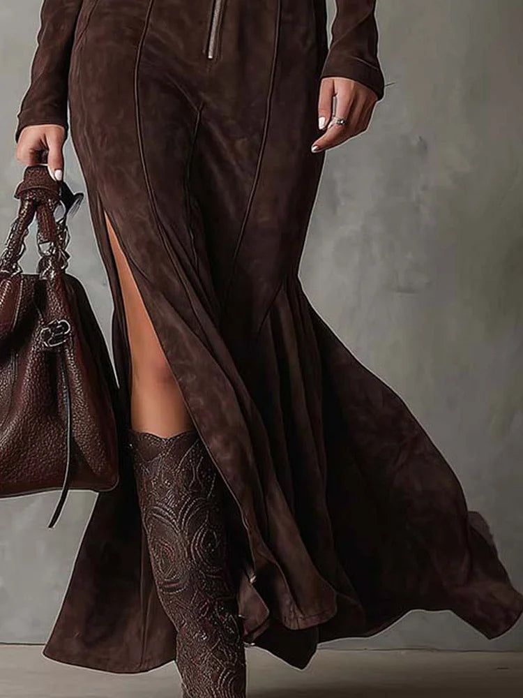 Almudena | Vestido Comprido Castanho com Cinto