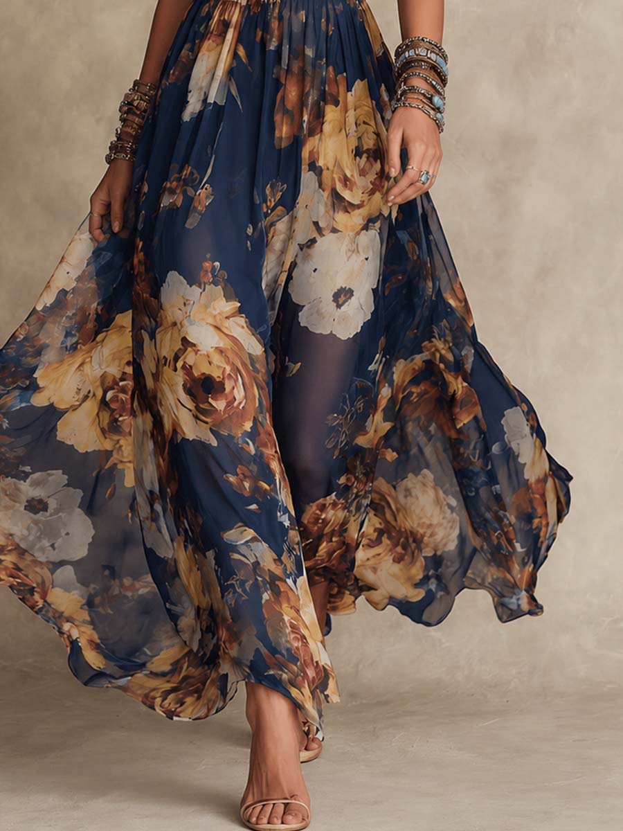 Melissa | Vestido Maxi em Chiffon Floral com Alças Finas, Azul-marinho