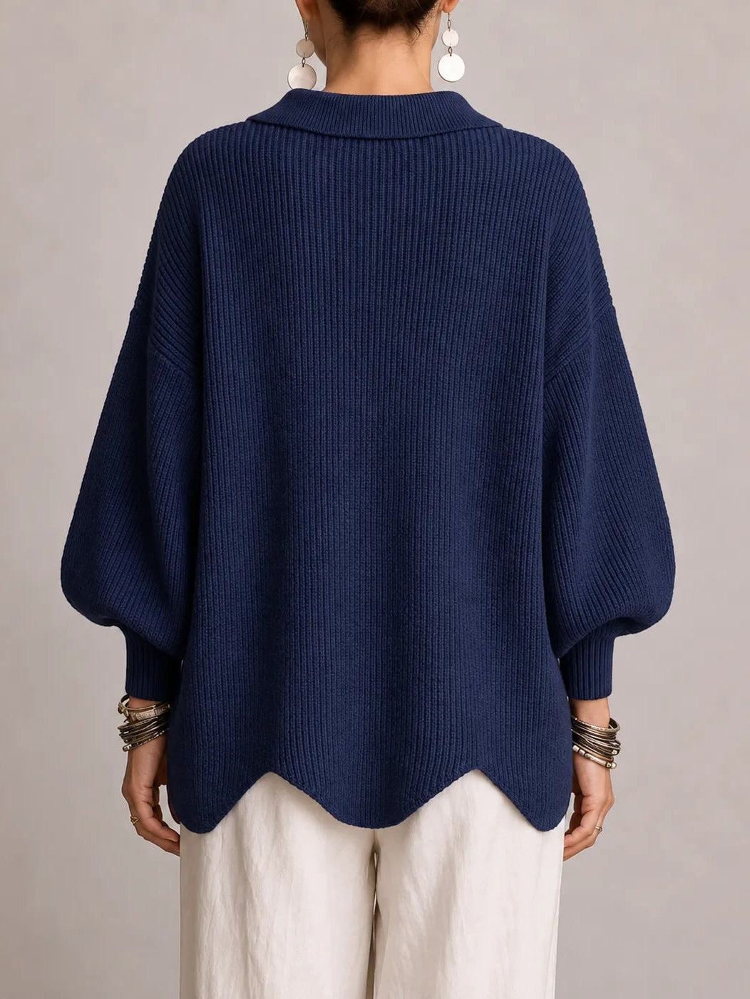 Milena | Casaco de Malha Oversize Canelado com Remate Festonado, Azul-marinho