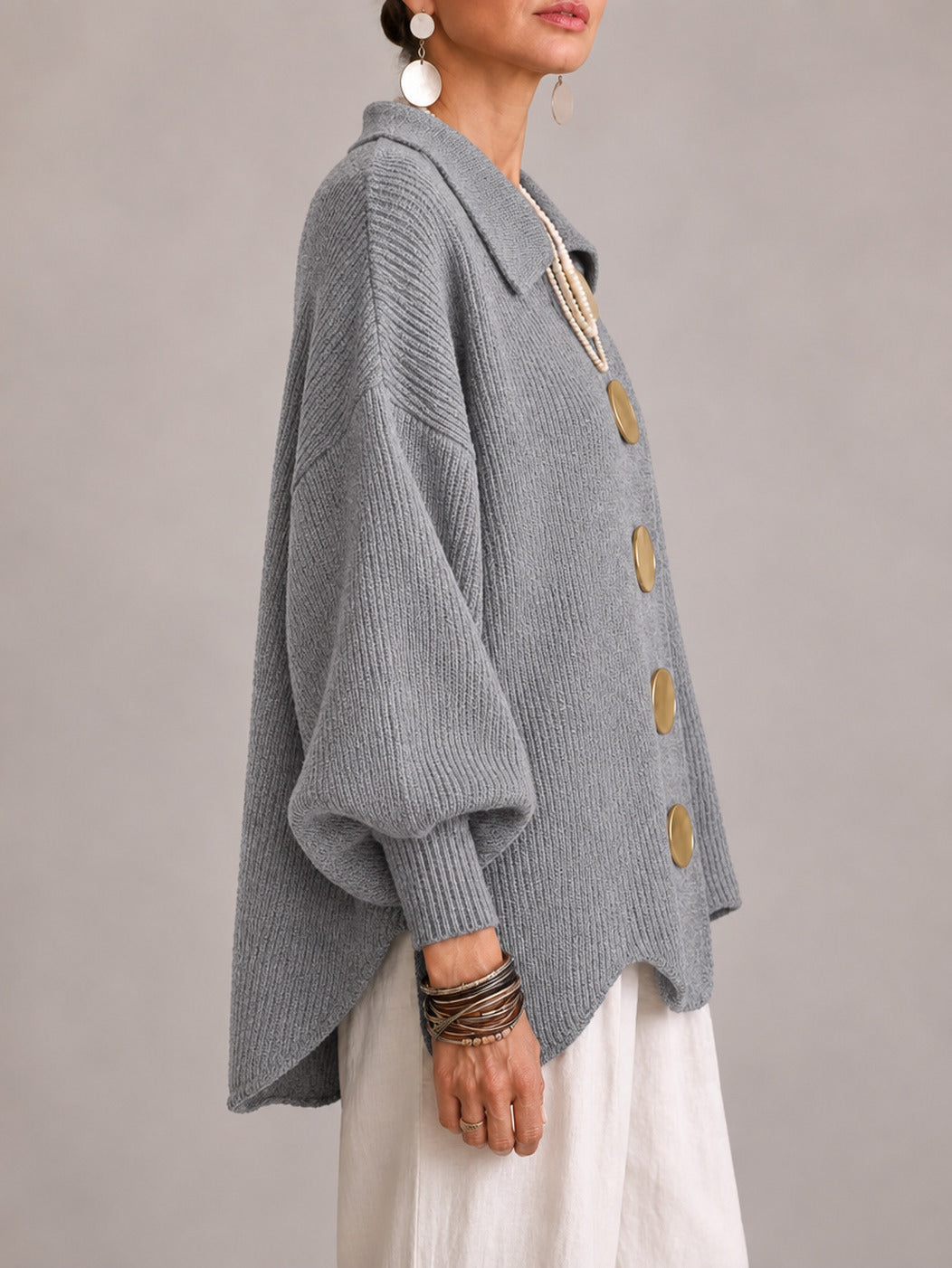 Rosana | Casaco de Malha Oversize Canelado com Remate Festonado, Cinzento