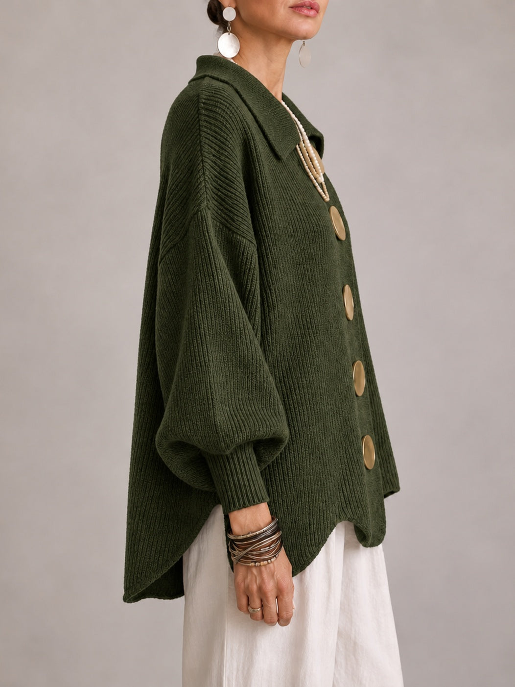 Elvira | Casaco de Malha Oversize Canelado com Remate Festonado, Verde-azeitona