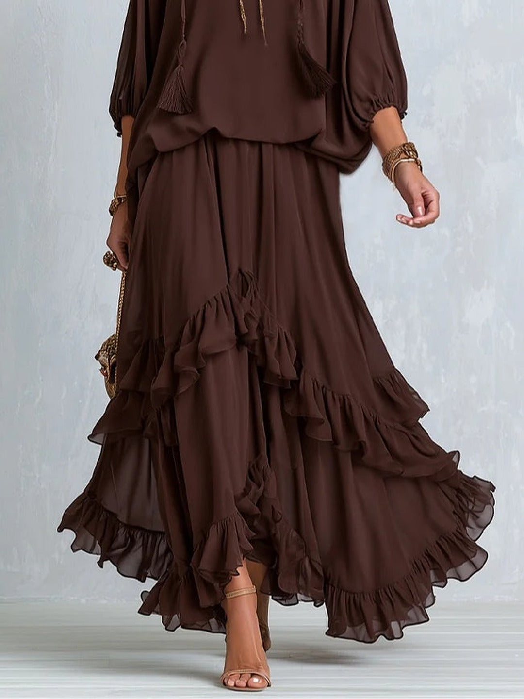 Dalila | Conjunto Top em Chiffon e Saia de Folhos, Chocolate