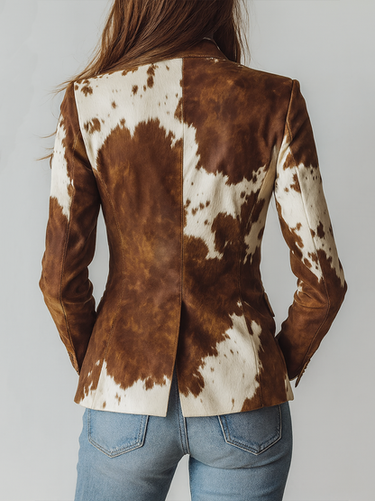 Ágata | Blazer Vintage Efeito Camurça com Padrão Vaca, Castanho e Branco