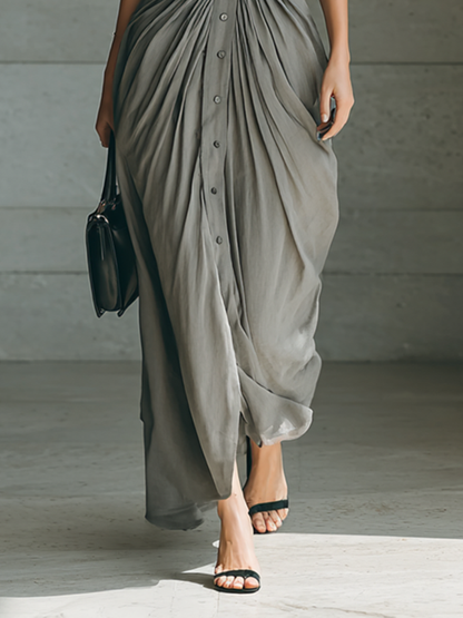 Zaira | Vestido Comprido Plissado com Gola de Lapela