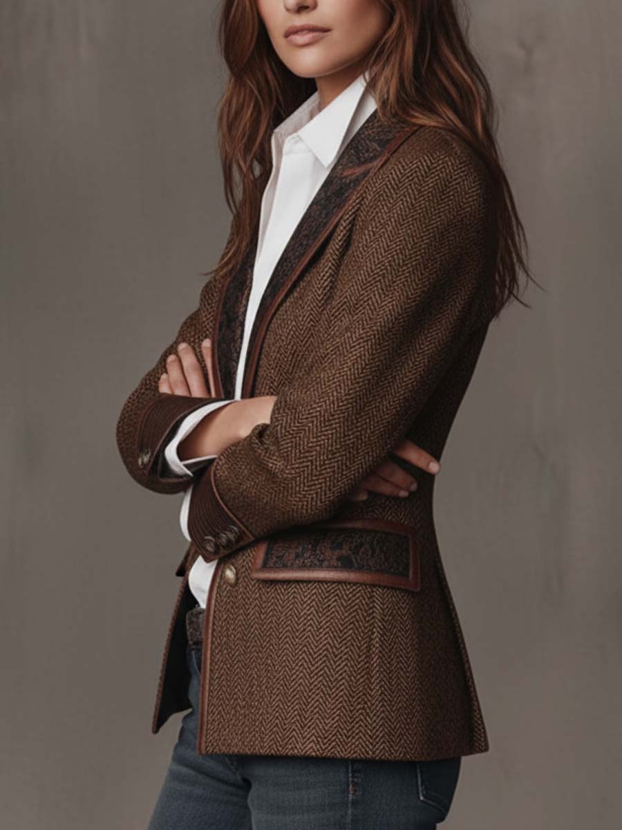 Gisela | Blazer em Tecido Espinha de Peixe com Lapelas Paisley, Castanho