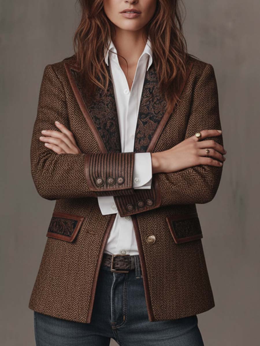 Gisela | Blazer em Tecido Espinha de Peixe com Lapelas Paisley, Castanho