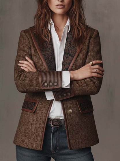 Gisela | Blazer em Tecido Espinha de Peixe com Lapelas Paisley, Castanho