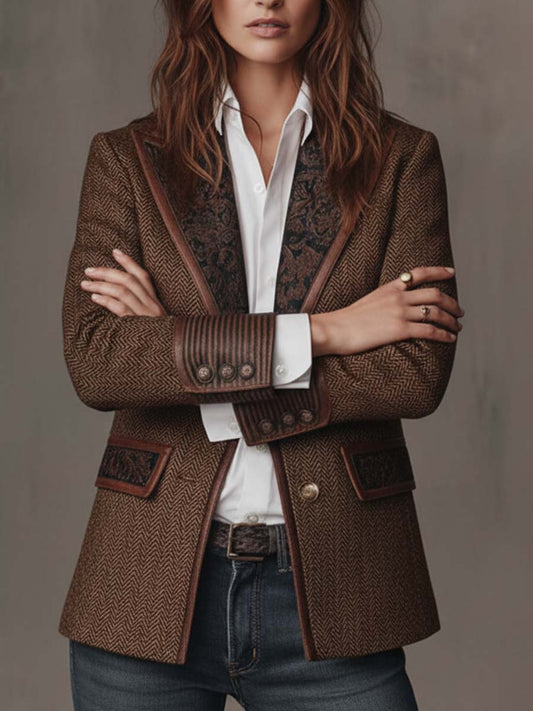 Gisela | Blazer em Tecido Espinha de Peixe com Lapelas Paisley, Castanho
