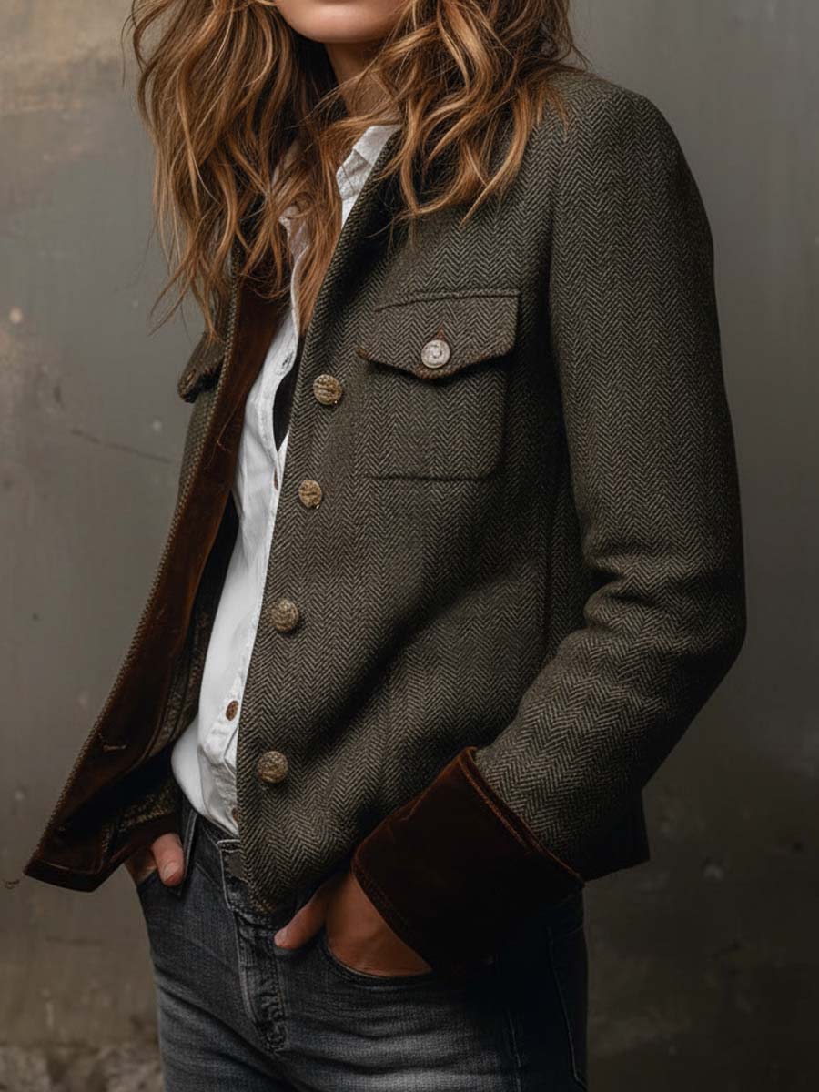 Honorina | Blazer Curto Espinha de Peixe com Punhos em Veludo, Verde-azeitona