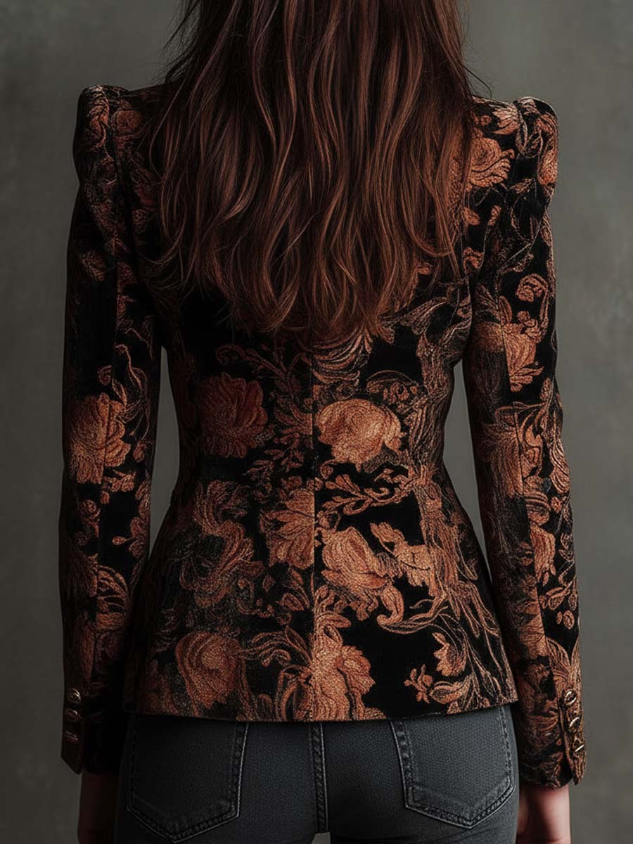 Bertille | Blazer em Veludo Jacquard Floral, Preto e Bronze