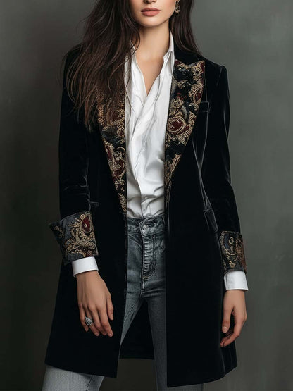 Leontina | Blazer Comprido em Veludo com Lapelas em Brocado Dourado, Preto