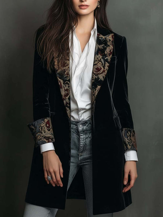 Leontina | Blazer Comprido em Veludo com Lapelas em Brocado Dourado, Preto