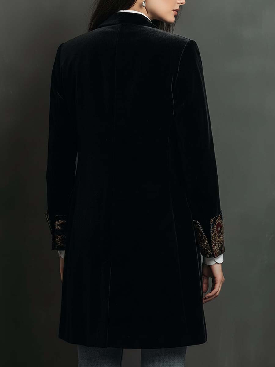 Leontina | Blazer Comprido em Veludo com Lapelas em Brocado Dourado, Preto