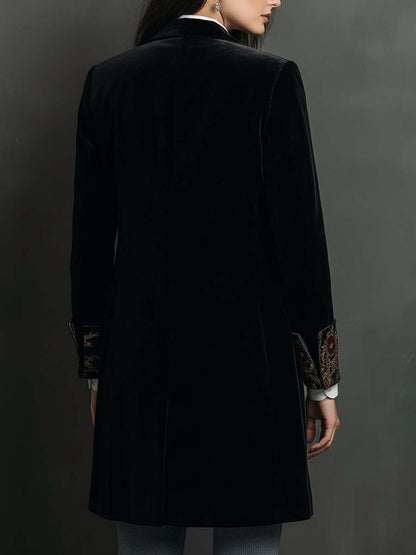 Leontina | Blazer Comprido em Veludo com Lapelas em Brocado Dourado, Preto