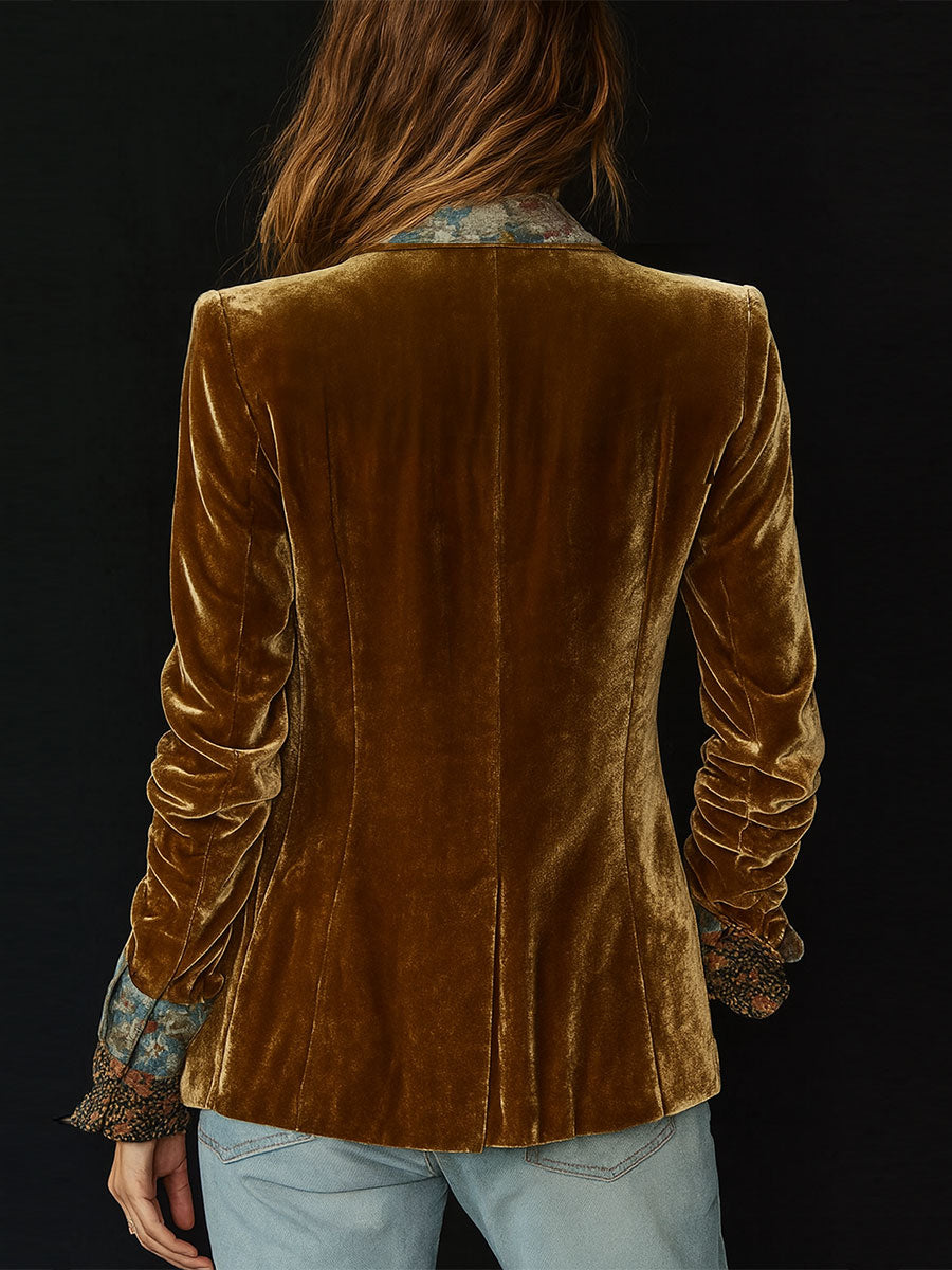 Severina | Blazer em Veludo Patchwork Floral Vintage, Mostarda