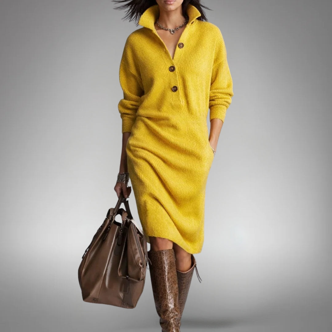 Helena | Vestido Midi Sofisticado com Gola de Botões