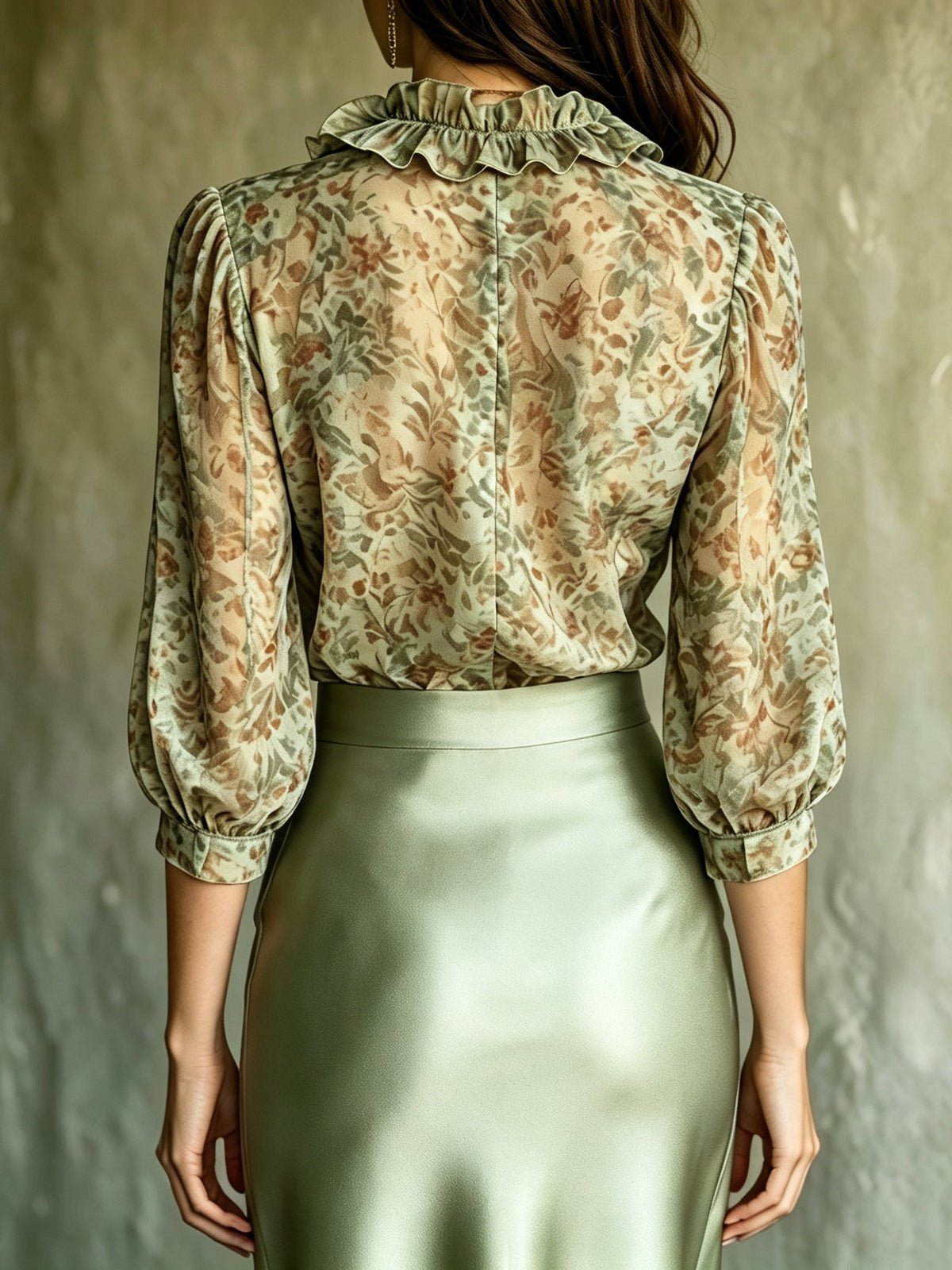 Juliana | Conjunto Blusa Floral e Saia em Cetim, Verde-salva
