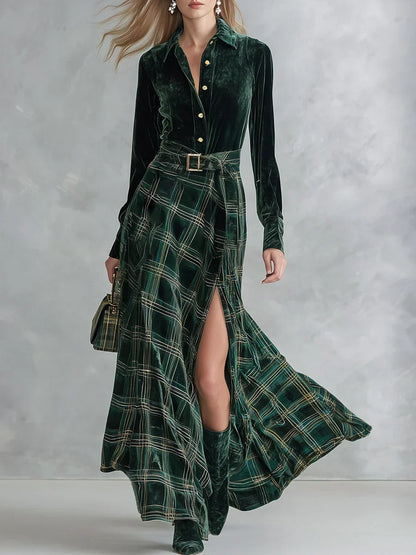 Ondina | Vestido Maxi em Veludo aos Quadrados com Cinto, Verde