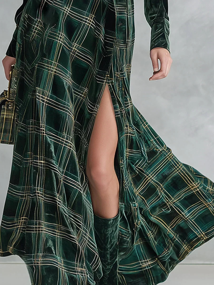 Ondina | Vestido Maxi em Veludo aos Quadrados com Cinto, Verde