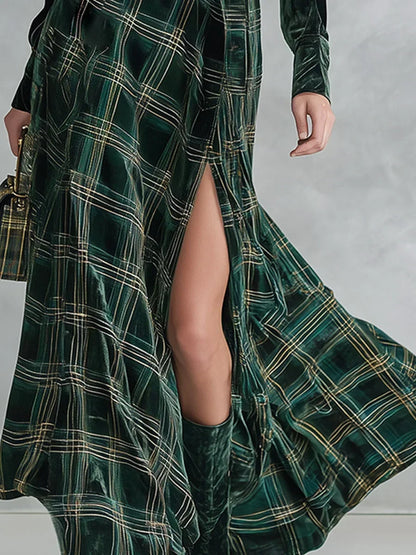 Ondina | Vestido Maxi em Veludo aos Quadrados com Cinto, Verde