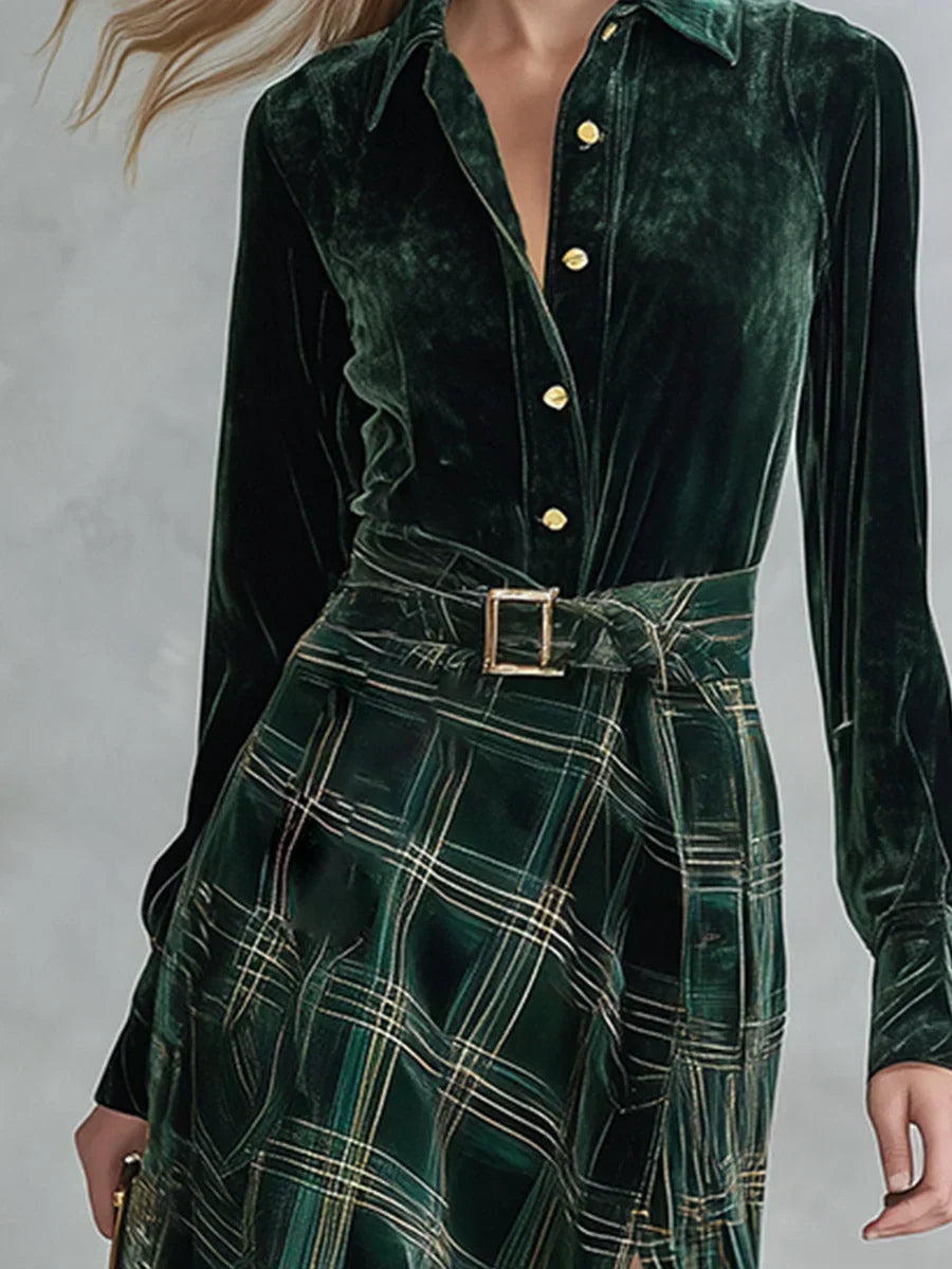 Ondina | Vestido Maxi em Veludo aos Quadrados com Cinto, Verde