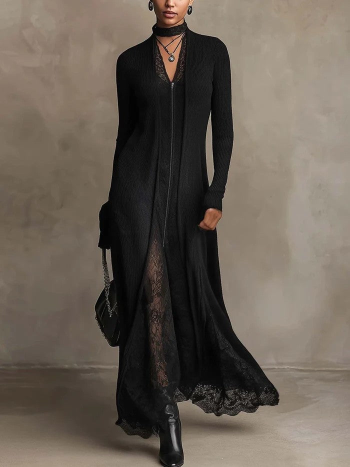 Corina | Vestido Maxi em Malha Canelada com Aplicações de Renda