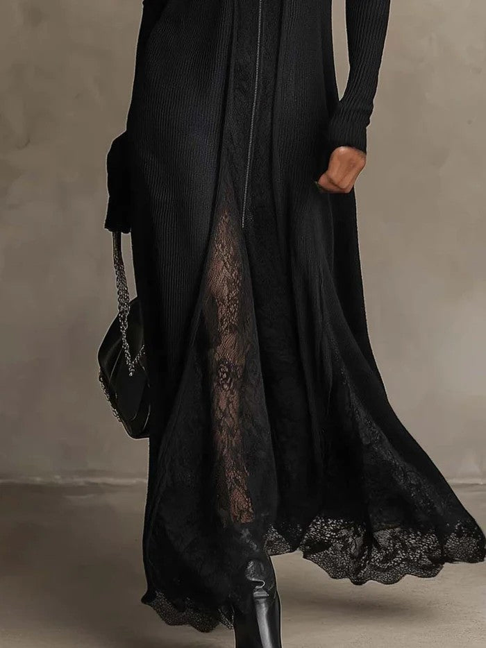 Corina | Vestido Maxi em Malha Canelada com Aplicações de Renda