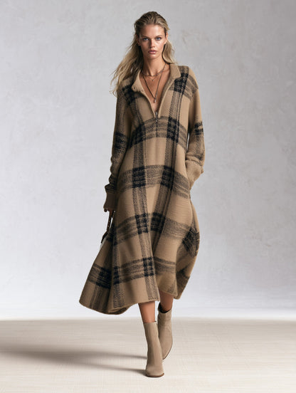 Adelaide | Vestido Midi em Malha aos Quadrados com Meio Fecho, Camelo