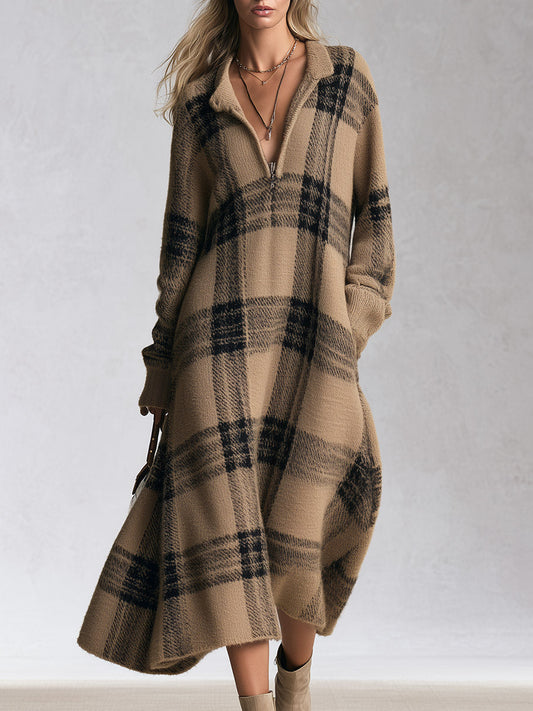 Adelaide | Vestido Midi em Malha aos Quadrados com Meio Fecho, Camelo