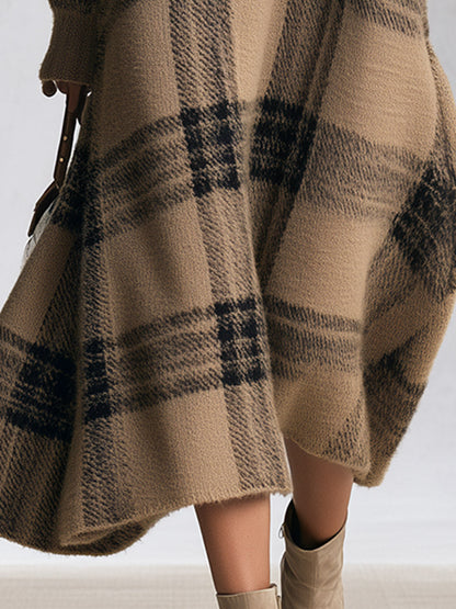 Adelaide | Vestido Midi em Malha aos Quadrados com Meio Fecho, Camelo