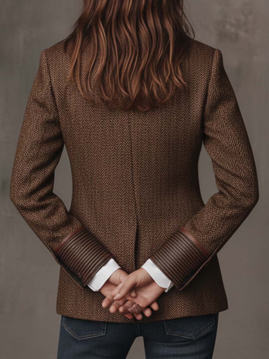 Gisela | Blazer em Tecido Espinha de Peixe com Lapelas Paisley, Castanho