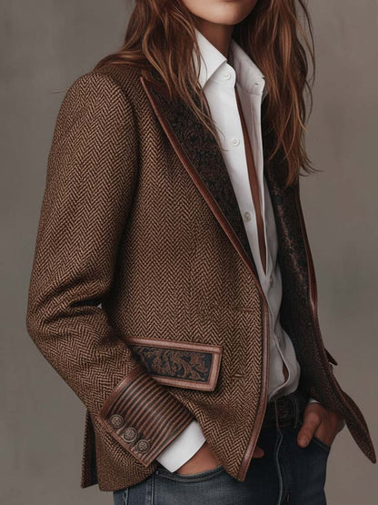 Gisela | Blazer em Tecido Espinha de Peixe com Lapelas Paisley, Castanho