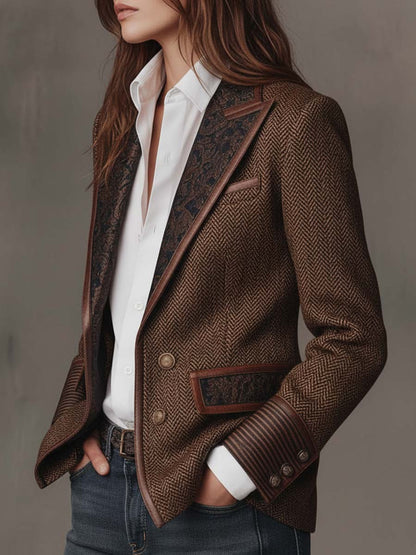 Gisela | Blazer em Tecido Espinha de Peixe com Lapelas Paisley, Castanho