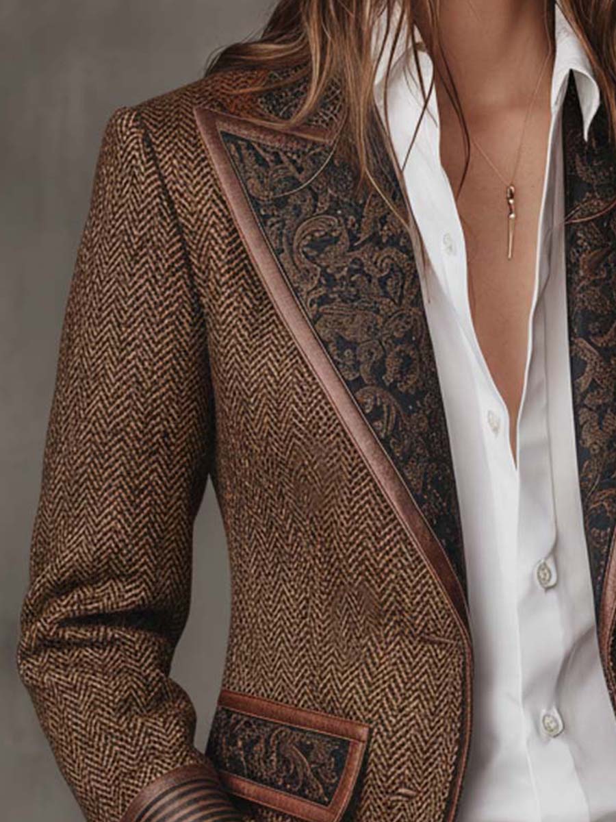 Gisela | Blazer em Tecido Espinha de Peixe com Lapelas Paisley, Castanho