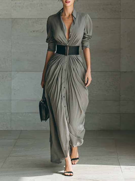 Zaira | Vestido Comprido Plissado com Gola de Lapela