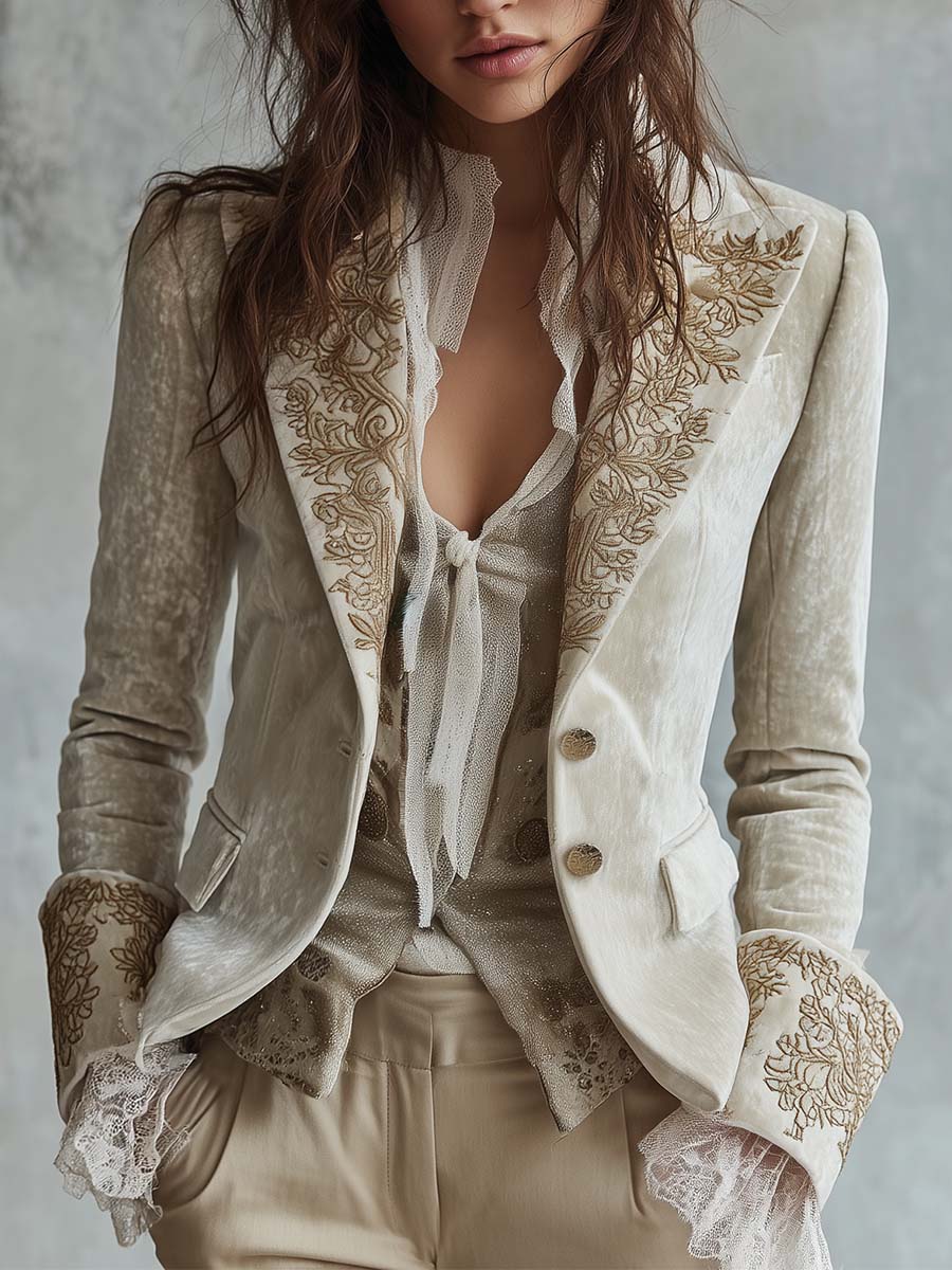 Constança | Blazer em Veludo Bordado, Bege