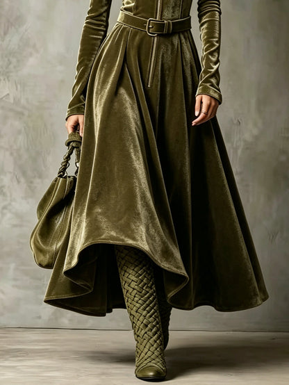 Esmeralda | Vestido Maxi Vintage em Veludo com Fecho e Cinto, Verde-azeitona