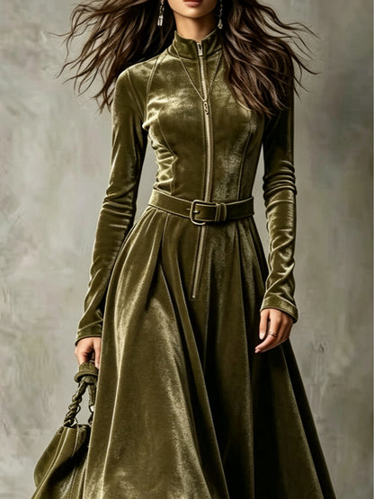 Esmeralda | Vestido Maxi Vintage em Veludo com Fecho e Cinto, Verde-azeitona