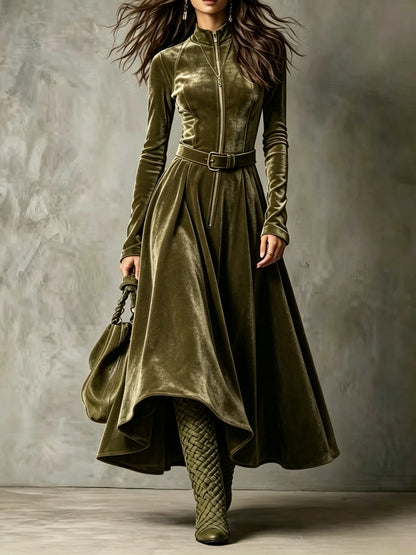 Esmeralda | Vestido Maxi Vintage em Veludo com Fecho e Cinto, Verde-azeitona