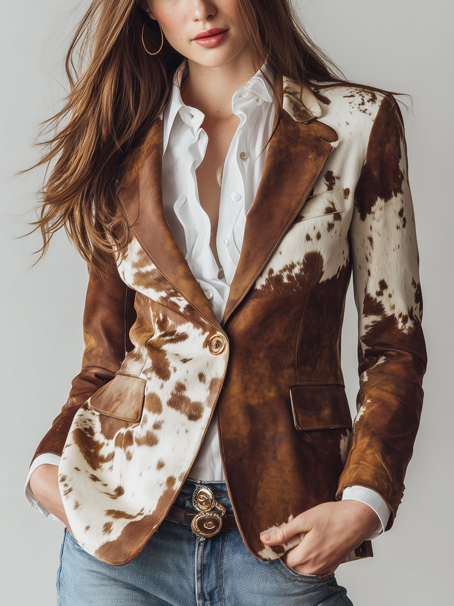Ágata | Blazer Vintage Efeito Camurça com Padrão Vaca, Castanho e Branco