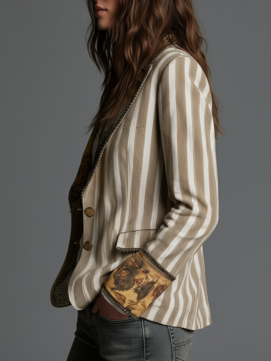 Suzanne | Blazer Boémio às Riscas com Painel Pintado, Caqui