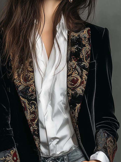 Leontina | Blazer Comprido em Veludo com Lapelas em Brocado Dourado, Preto