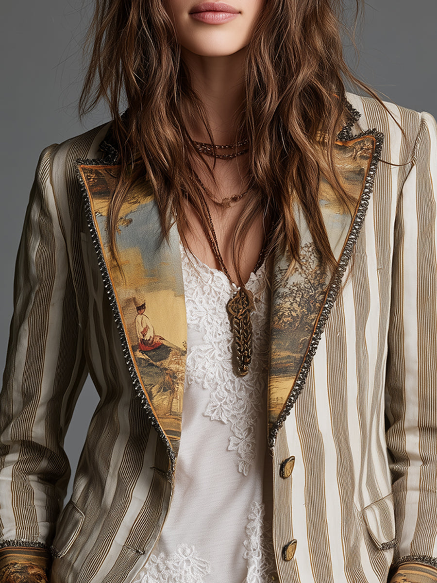 Suzanne | Blazer Boémio às Riscas com Painel Pintado, Caqui