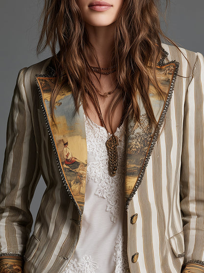 Suzanne | Blazer Boémio às Riscas com Painel Pintado, Caqui