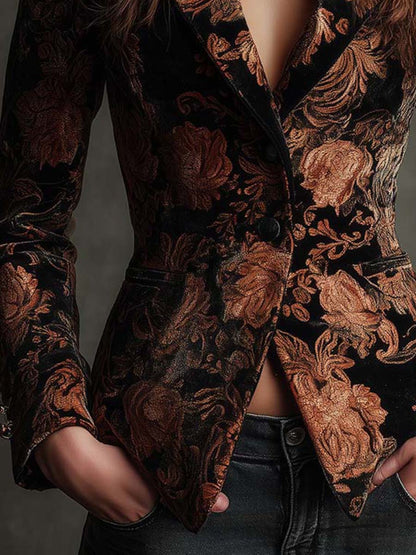 Bertille | Blazer em Veludo Jacquard Floral, Preto e Bronze