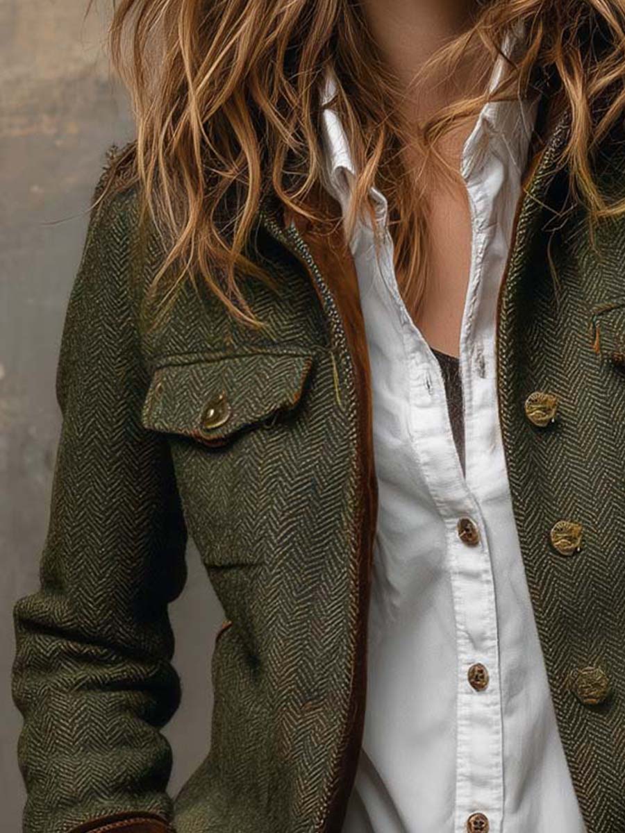 Honorina | Blazer Curto Espinha de Peixe com Punhos em Veludo, Verde-azeitona