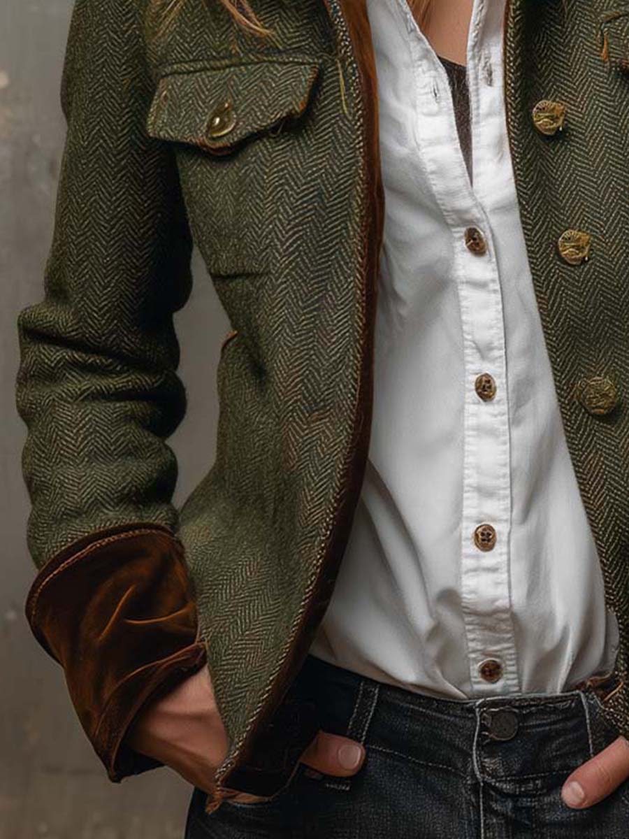 Honorina | Blazer Curto Espinha de Peixe com Punhos em Veludo, Verde-azeitona